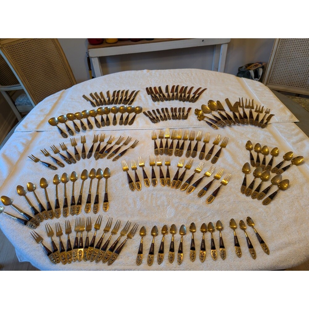Vintage Bronze Brass Siam Buddha Handle Flatware Set of 140- Including Serveware